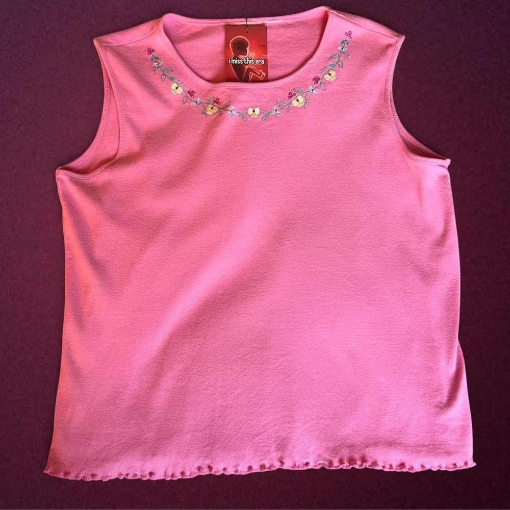 Pink Floral Embroidered Lettuce Hem Tank Top